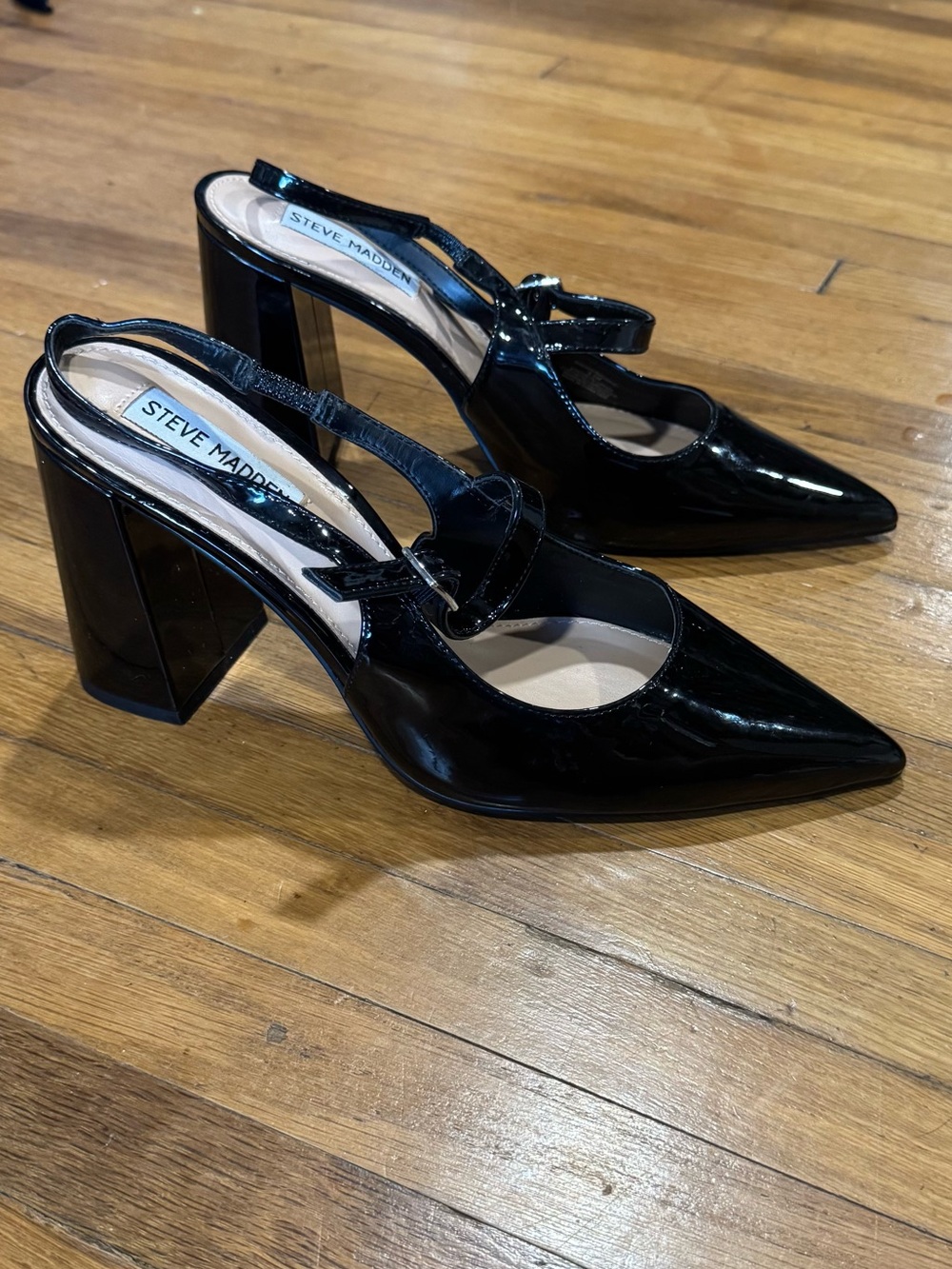Steve Madden Maegan Black Patent Pointed Slingback Block Heels